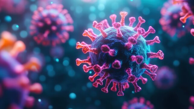 Close-up molecular representation of virus particles with spike proteins in vibrant blue and pink colors, highlighting microscopic biological structure - Powered by Adobe