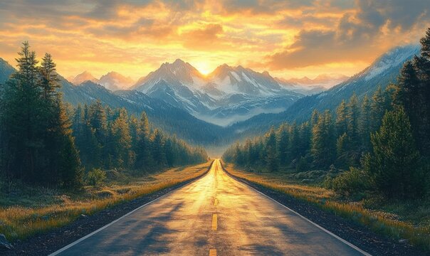 Empty road leading through pine forest towards snow-capped mountain range under a golden sunrise sky with scattered clouds