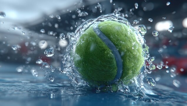 Tennis ball splashes, water frozen mid-air, vibrant