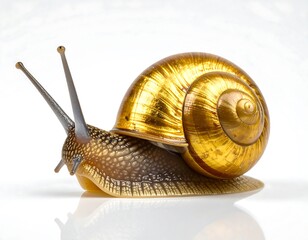 A Gold Golden Snail on White Surface, Shiny and Detailed with Reflection