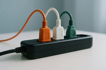 Colorful power cords plugged into black power strip on white table in modern indoor environment