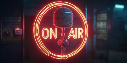 Close-up of a professional microphone in front of a glowing neon sign reading on air with a dark studio background