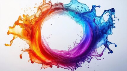 Vibrant circular splash of orange, red, purple, and blue paint blending dynamically against a white background, capturing fluid motion and energy