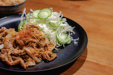 Homemade Japanese dinner with pork stir fry

