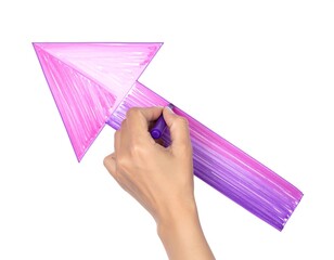 A hand drawing a purple and pink arrow pointing upwards on a white background