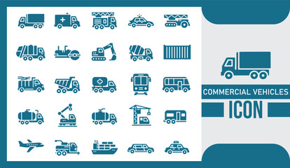  Commercial Vehicle Icon Set Flat Vector Collection Featuring Cargo Truck, Delivery Van, Bus, and Industrial Transport Symbols