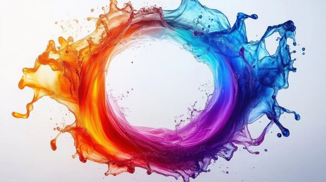Vibrant circular splash of orange, red, purple, and blue paint blending dynamically against a white background, capturing fluid motion and energy - Powered by Adobe