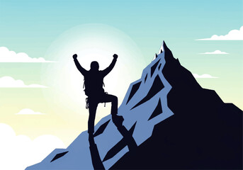 Silhouette of a climber standing atop a mountain peak with arms raised in victory against a sky backdrop.
