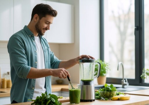 Smiling young man preparing green smoothie or detox cocktail in a modern bright kitchen using a blender and fresh fruits and vegetables.