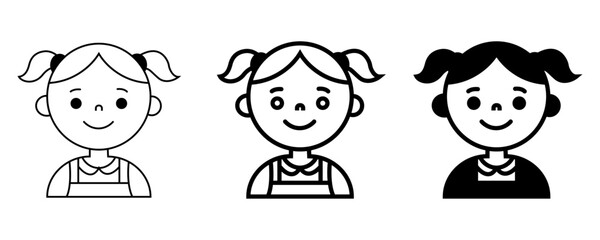 Set of minimalist young girl avatar icons with transparent background, featuring child portraits, outline and glyph styles, user profile elements, educational content, vector illustration 