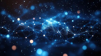 Abstract network of interconnected glowing blue nodes and lines with scattered light particles creating a futuristic digital web effect