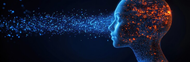 Digital human head made of blue wireframe mesh with red glowing neural node patterns projecting a stream of small blue data particles forward in a dark space