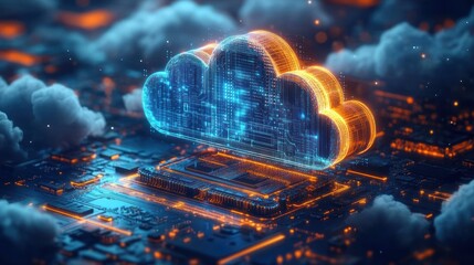 Glowing digital cloud hologram hovering above a futuristic computer chip on a circuit board surrounded by misty clouds, symbolizing cloud computing technology