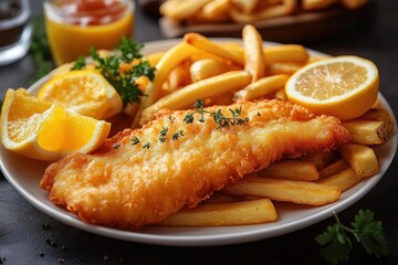 Crispy golden fried fish fillet served on a plate with French fries, lemon wedges, and fresh herbs in a cozy setting