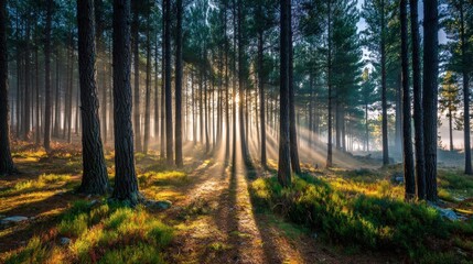Naklejka premium A serene forest scene with sunlight filtering through the trees, creating a warm and inviting atmosphere.