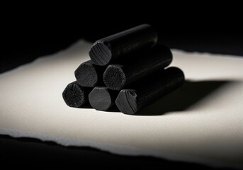 Black charcoal drawing sticks stacked pyramid style on textured art paper