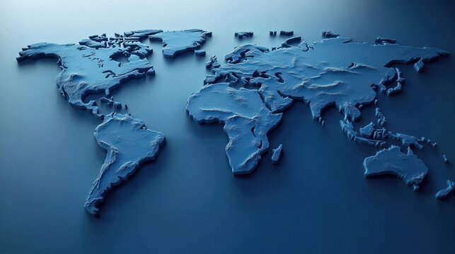 3D textured world map in shades of blue with continents raised above a smooth blue surface creating a modern geographic visualization