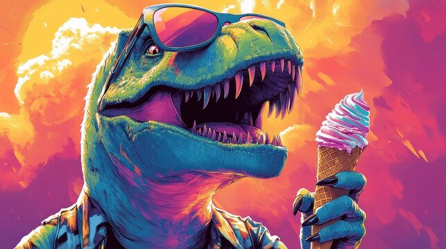 Colorful digital illustration of a cool dinosaur wearing sunglasses and a shirt, holding a rainbow ice cream cone with vibrant sunset sky background