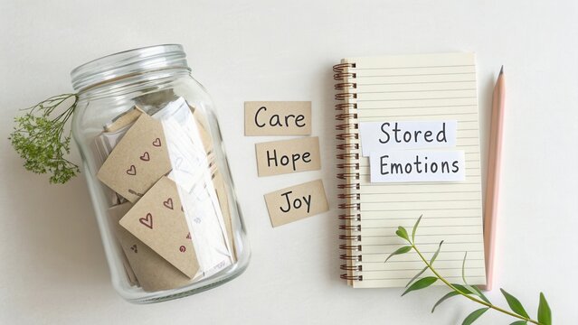 Glass jar filled with notes expressing care, hope, joy and a notebook titled Stored Emotions on a clean workspace