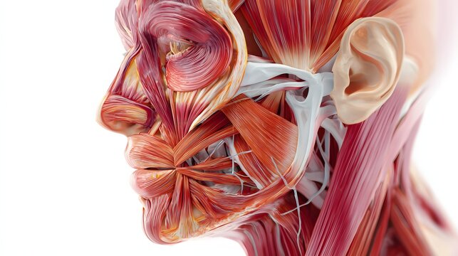 Detailed depiction of human facial musculature shown in profile view