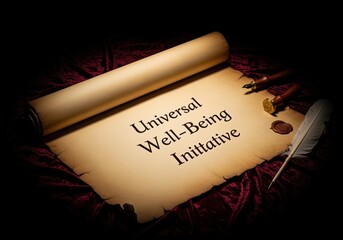 Fototapeta premium Universal well being initiative written on ancient parchment scroll with quill pen