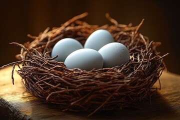 Fototapeta premium close-up of four smooth light blue eggs resting in a natural brown twig bird nest placed on wooden surface with warm background lighting