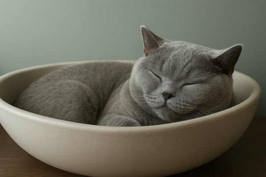 Content, relaxed gray cat curled up and sleeping comfortably in a round ceramic bowl on a wooden tabletop indoors