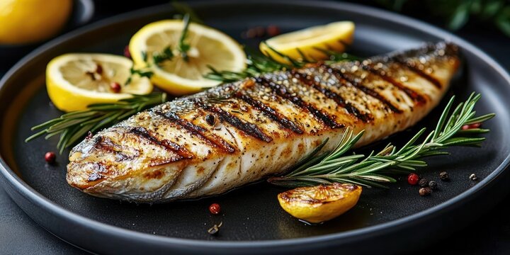 Grilled whole fish with char marks served on a black plate garnished with fresh rosemary sprigs, lemon slices, and peppercorns, evoking a fresh and appetizing feeling