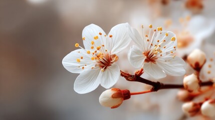 Two delicate white cherry blossoms with yellow stamens on a blurred, light-colored background.