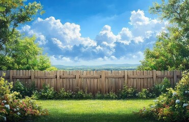 Bright sunny backyard with green grass, wooden fence, blooming colorful flowers, leafy trees, and a vibrant blue sky with fluffy white clouds