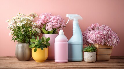 A pink and white flower arrangement with a blue spray bottle and a green plant on a wooden table against a pink background.
