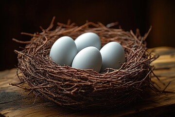 Four smooth white eggs resting securely in a detailed nest made of brown twigs on a rustic wooden surface with warm lighting