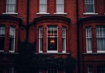 Obraz premium Victorian red brick facade featuring classic bay window and illuminated interior