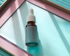 Amber glass bottle with dropper on a blue surface framed by pink, casting shadows