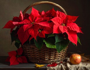 A Stunning Still Life Featuring a Basket of Red Poinsettias and a Delicious Apple