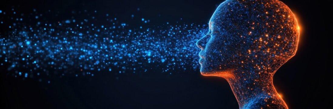 Glowing wireframe human head in profile with dynamic blue digital particles emanating from the mouth, symbolizing communication and technology - Powered by Adobe