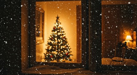 Snowy Window View of Christmas Tree with Warm Lights at Night