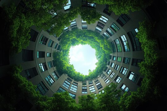 Circular modern building courtyard viewed from ground with lush green trees encircling open sky creating a natural frame under bright daylight