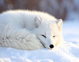 Fototapeta premium A serene and peaceful image of a sleeping arctic fox curled up in the snow