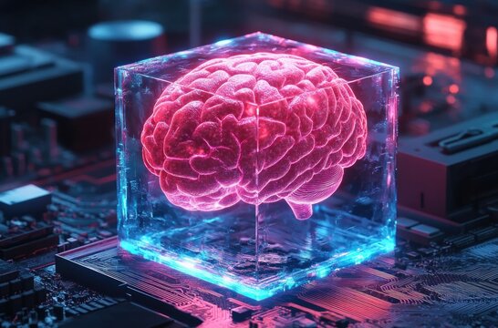 Glowing digital brain encased in transparent cube on futuristic circuit board emitting neon blue and pink light