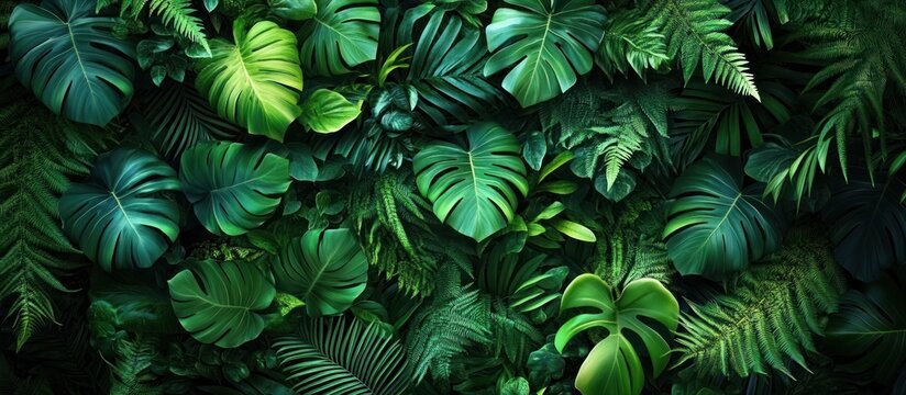 Dense arrangement of various lush green tropical leaves creating a vibrant natural texture
