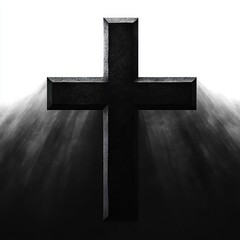 Black textured cross casting dark shadows against a bright white background evoking solemnity and contemplation