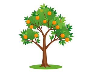 A vibrant cartoon illustration of a healthy orange tree with ripe oranges
