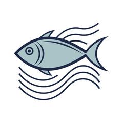 Stylized Blue Fish Swimming Through Dark Blue Waves On White Background water