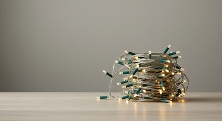 Tangled String Lights with Warm Glow on Light Wood Surface