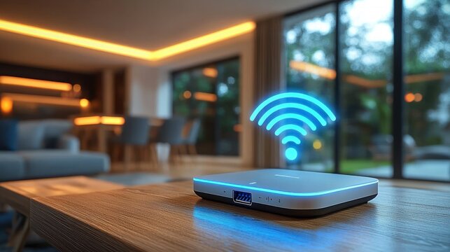 Modern wireless router emitting a blue Wi-Fi signal icon placed on a wooden table in a contemporary living room with warm ambient lighting and large windows