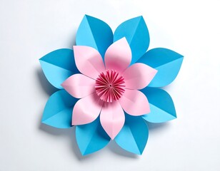 A vibrant paper flower crafted with blue and pink petals on a white background