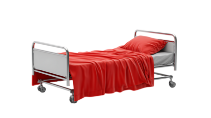 Hospital bed with red blanket and pillow isolated on transparent background