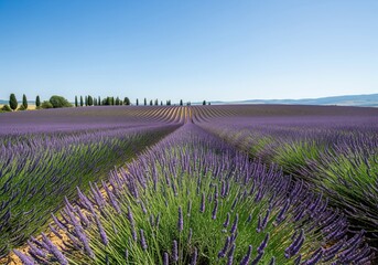 Sweeping landscape of blooming lavender rows under bright summer sky