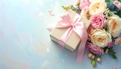 Elegant Gift Box with Flowers on Pastel Blue Background